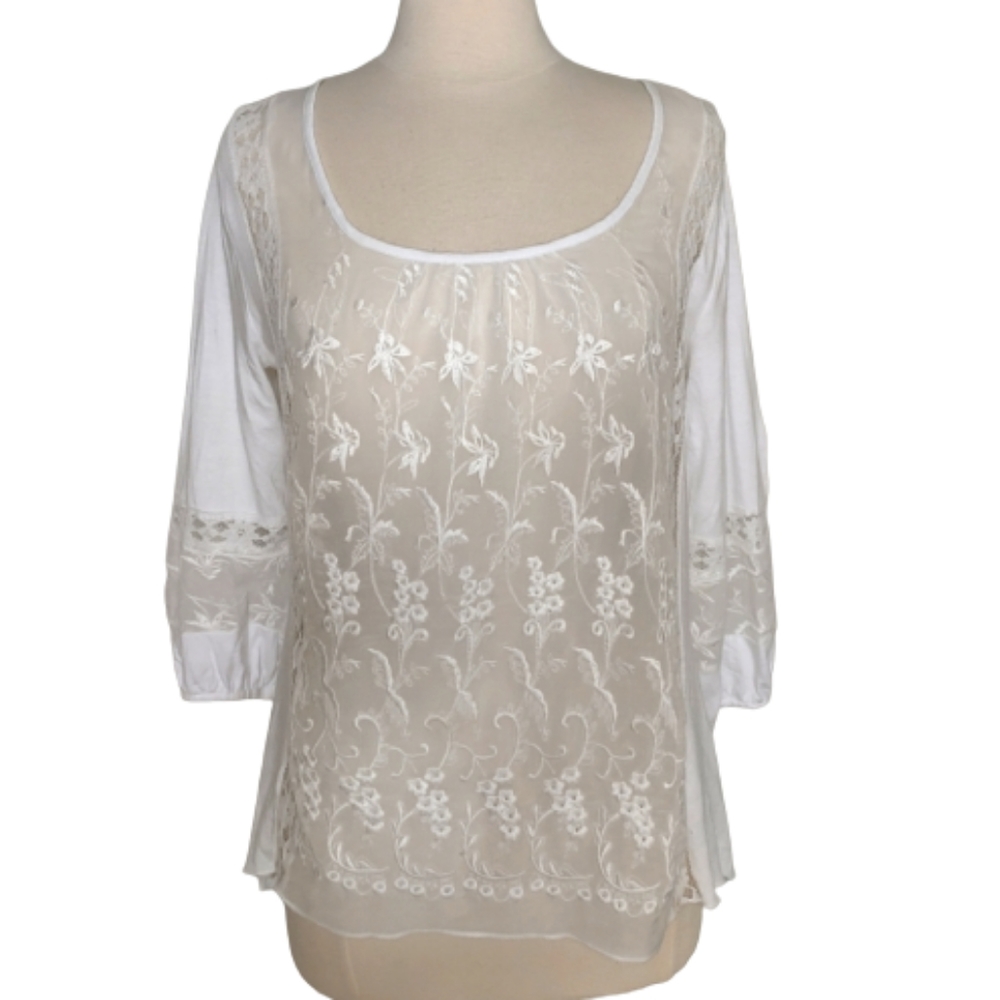 Anthropologie Blouse Large Cupio Sheer White Embroidered Floral